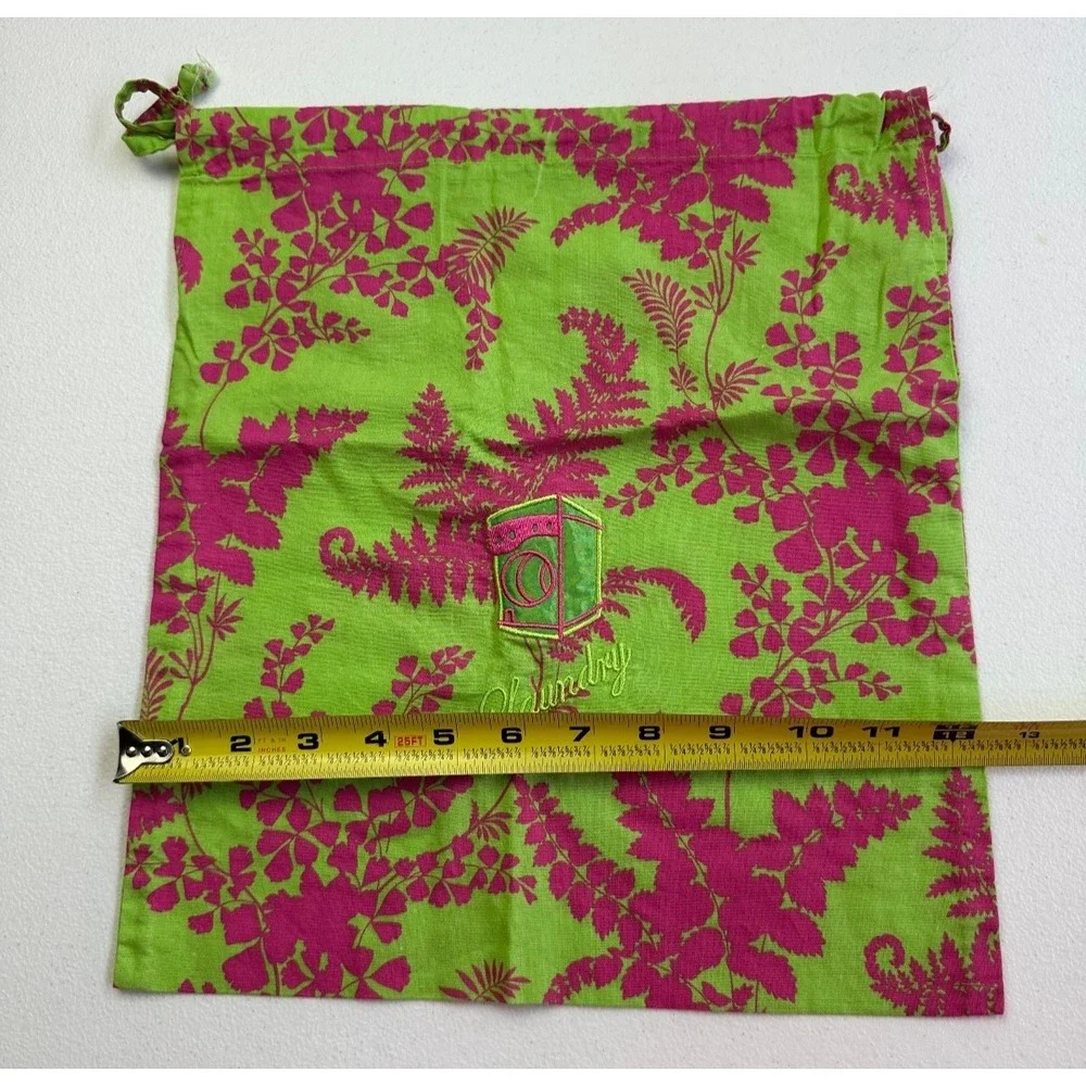 Once Upon A Rose Pink Green Print Drawstring‎ Laundry Bag 12x14 Embroidered